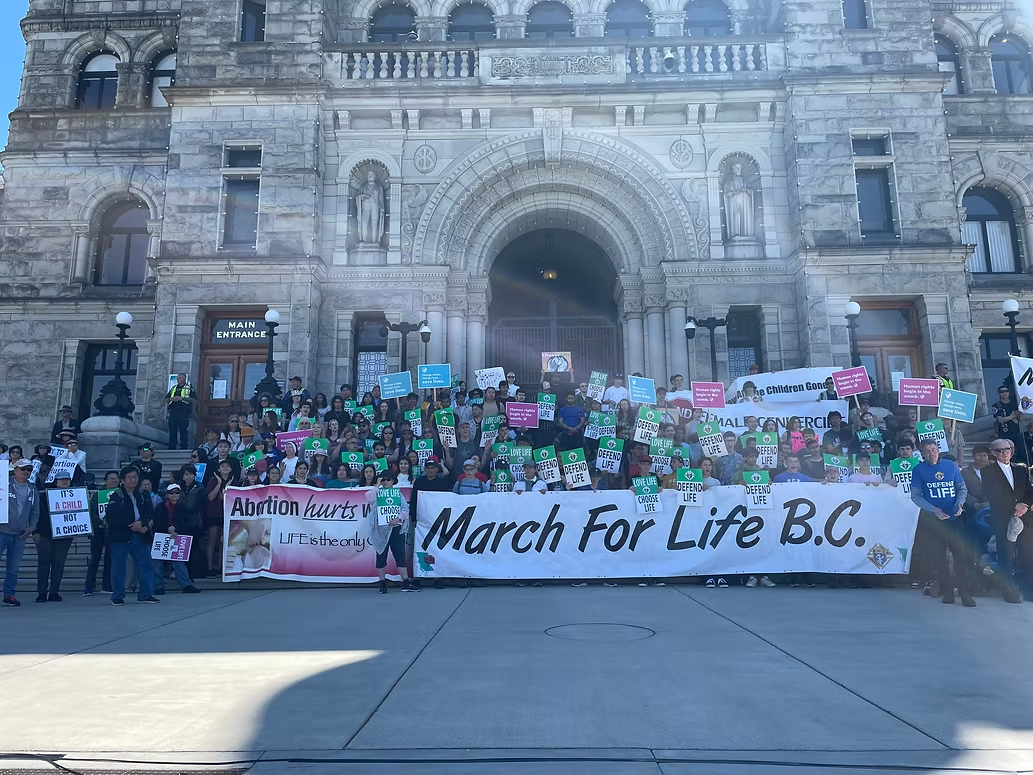 March For Life B.C. banner on the Legislature steps